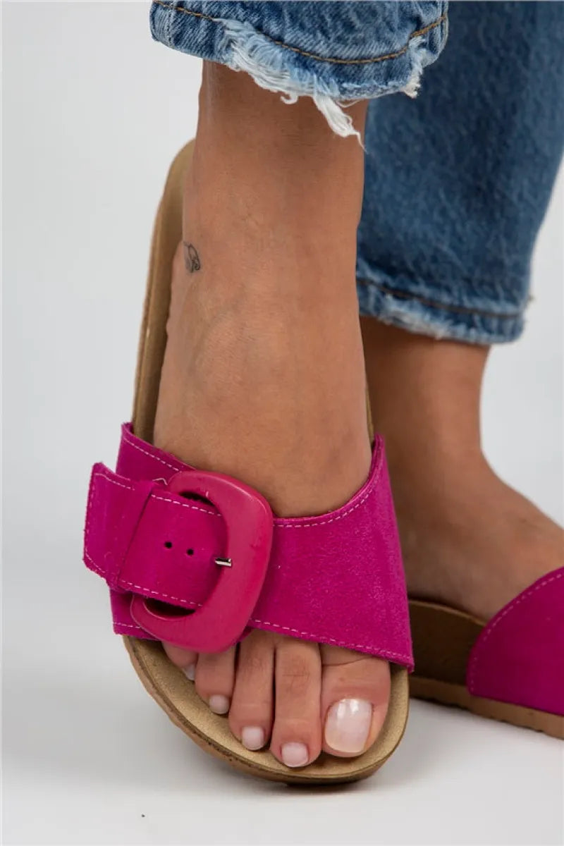 Mj- alandra kadın hakiki deri tek bant fuşya terlik / women > shoes > slippers