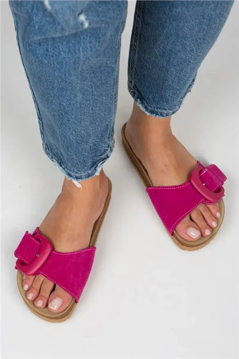 Mj- alandra kadın hakiki deri tek bant fuşya terlik / women > shoes > slippers