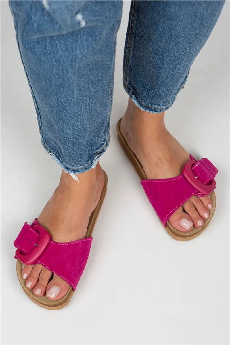 Mj- alandra kadın hakiki deri tek bant fuşya terlik / women > shoes > slippers
