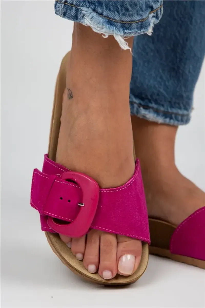 Mj- alandra kadın hakiki deri tek bant fuşya terlik / women > shoes > slippers